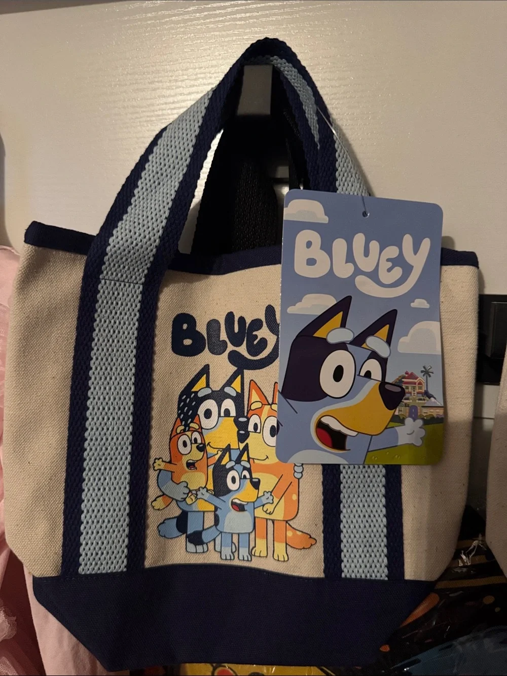 Bluey Canvas Tote Bag with Cartoon Family Print - Navy & Light Blue